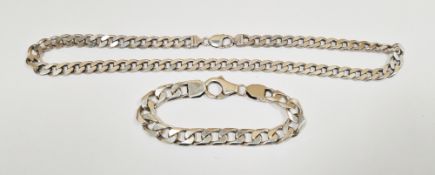 Silver flat curb-link necklace and similar bracelet, necklace 51cm long and bracelet 22cm long,