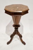 Victorian walnut and burr walnut sewing and games table of trumpet form, the octagonal hinged lid