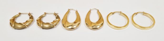 Three pairs of 9ct yellow gold earrings including pair of drop loop earrings, pair of hoop