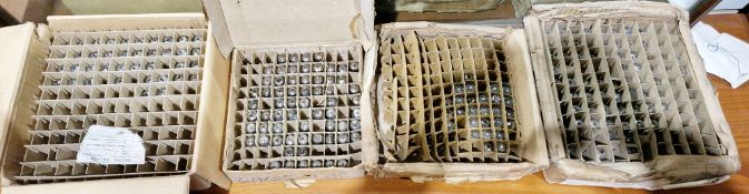 Quantity of electronic tube valves, boxed with dividers including Mullard CV850, Mazda 30FL1, RCA