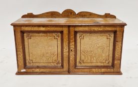 19th century burrwood and mahogany small hanging cupboard with shaped top rail, the two panel