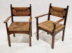Pair of Arts & Crafts-style elbow chairs with rush panel backs and seats, 93cm high x 60cm wide x