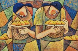 Contemporary acrylic and sand on canvas, possibly Filipino school, depicting two women carrying