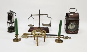 Mixed lot including an original brass and steel miners safety lamp, 24cm high, a copper and brass