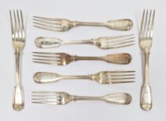 Set of six Victorian silver table forks, London 1841, Chawner & Co, fiddle and thread pattern