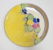 Clarice Cliff Bizarre Delicia Pansy pattern charger, printed black factory marks for Wilkinson