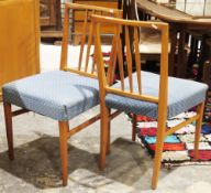 Set of four mid-century Gordon Russell Burford teak dining chairs with blue and cream upholstered