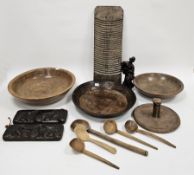 Collection of treen including two turned sycamore mixing bowls and a further turned wooden mixing