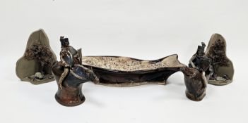 Group of studio pottery, comprising a large fish-moulded dish, 43cm long, a pair of medieval-style