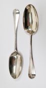 Two similar 18th century silver tablespoons, hallmarks rubbed but probably London assay and makers