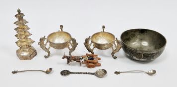 Pair Chinese white metal small raised pots, each on three kylin supports, stamped to base, a Chinese