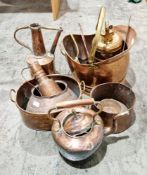 Large collection of copper and metalware, including a Victorian kettle, a silver-plated and wooden