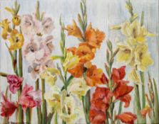 S. Mannerot (20th century) Oil on board Study of gladioli, signed lower left, framed, 60cm x 74.5cm