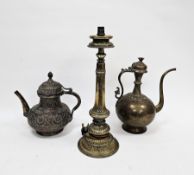 Indian coppered teapot with allover ornate embossed decoration, 29cm high, a Middle Eastern brass