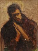 20th century school Oil on canvas Portrait of a monk or robed figure holding a book, unsigned,