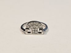 Art Deco style platinum and diamond ring, the head of geometric arched form, pave set with small