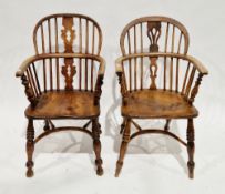Near pair of 19th century ash and elm hooped comb back elbow chairs with pierced shaped splats, on