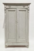 19th century continental painted pine cupboard, the moulded cornice over a single drawer and two