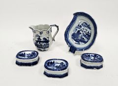 Three Chinese export blue and white shaped rectangular trencher shaped salts, circa 1800, each