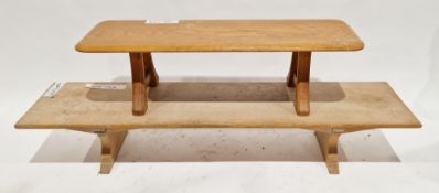 20th century pale oak low bench on trestle supports, 29cm high x 169cm long x 41cm deep and