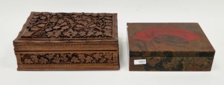 Indian hardwood carved jewellery box, leaf carving to the exterior, velvet lined fitted interior