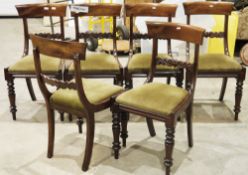 Set of six William IV mahogany bar back chairs with carved scrolling back rails, ring upholstered