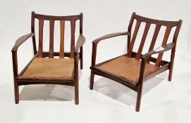 Pair of mid-century Toothill Afrormosia hardwood armchairs with angular slat backs and replaced