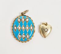 Turquoise enamel, pearl set oval locket pendant with ropetwist border and a gold-coloured