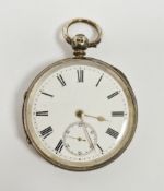 Late Victorian silver cased open-faced pocket watch, the enamel dial with roman numerals, seconds
