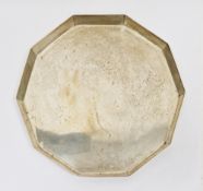White metal tray of plain decagon form, stamped 800, other marks rubbed, 26cm wide, approximate