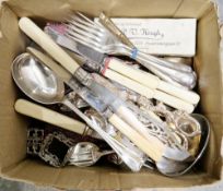 Mixed lot of silver plated flatware including a soup ladle, fish serving knife and fork, grape