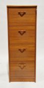 Modern teak four-drawer filing cabinet with loop handles and two keys, 134cm high x 47cm wide x 49cm