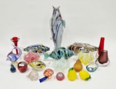 Collection of coloured glassware and paperweights including five Murano-style coloured cased glass