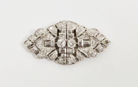 Art Deco white metal (tests as 18ct gold) and diamond double clip brooch, set with round, baguette