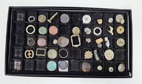 Collection of antique finds, in compartmentalised tray including a collection of buttons, buckles,