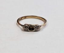 9ct yellow metal and diamond ring, empty space for central stone flanked either side by a small
