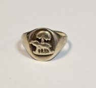 Yellow metal signet ring (tests as gold) with relief crest of an elephant under a tree, size S 1/