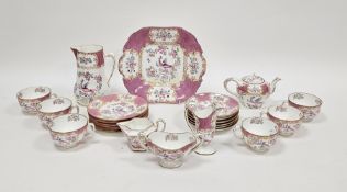 Minton Pink Cockatrice pattern part breakfast service, circa 1890, printed pink globe marks, iron