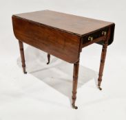 19th century mahogany pembroke table with drawer to one end, on turned ringed tapering legs with