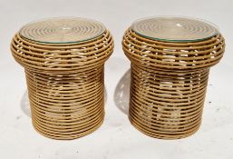 Pair of modern wicker conservatory side tables of circular form with glass tops, 52cm high x 49cm