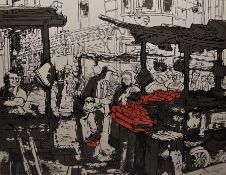 Michael Lenard  Woodcut in colours Market Scene, 31.3cm x 39cm  Provenance  From the artist's