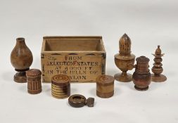 Collection of 19th and 20th century treen including a sycamore muffineer, a turned fruitwood spice