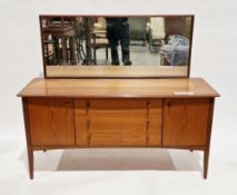 Mid-century Avalon teak dressing table with large rectangular mirrored back, bowfronted top over