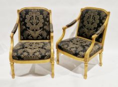 Pair of 18th century gilt fauteuil armchairs in the Louis XVI manner, with upholstered back,