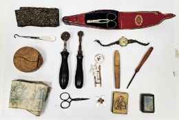 Collection of 19th century bone sewing implements, a silver thimble, a mother-of-pearl handled