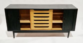 Mid-century Danish-style sideboard, the exterior having a black finish and two tambour doors to