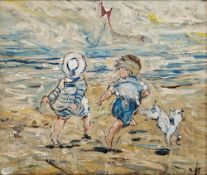 20th century school Oil on board Boy and girl flying a kite on the beach, indistinctly signed