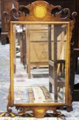 Georgian-style walnut inlaid fretwork mirror, the plate with bevelled edge, 90cm high x 54cm wide