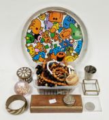 Collection of costume jewellery and other items including a retro Mister Man serving tray, copper
