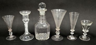 Group of drinking glasses including two facon de Venise wine glasses in sizes, tallest 18cm high (